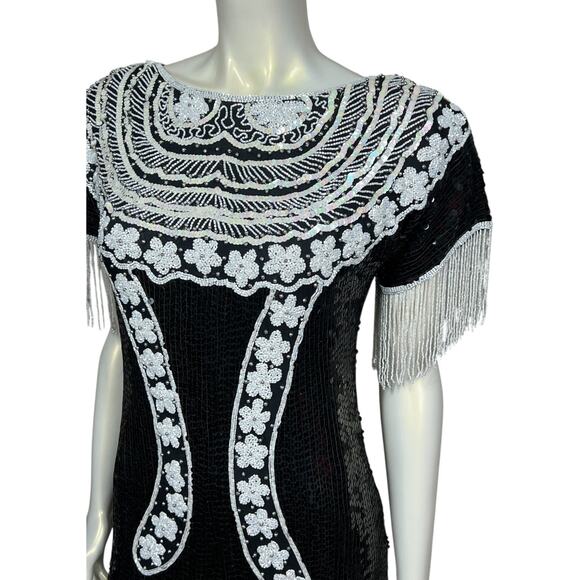 Vintage Black Sequin Beaded Fringe Dress Elegant Floral Design Flapper-Inspired - Picture 9 of 16